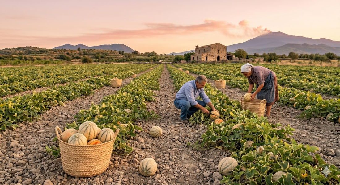 Un uomo e una donna raccolgono meloni in un campo al tramonto, con un casale in pietra e un vulcano sullo sfondo.